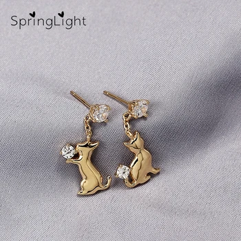

SpringLight Cute Cat Earring Bright Zircon Real 925 Sterling Silver Fine Jewelry Lovely Animal Stud Earrings for Women Gift