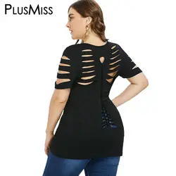 PlusMiss плюс Размеры 5XL 4XL черные пикантные Ripped Cut Out Футболка Для женщин короткий рукав Футболка Дамы Большой Размеры панк-рок туника футболки