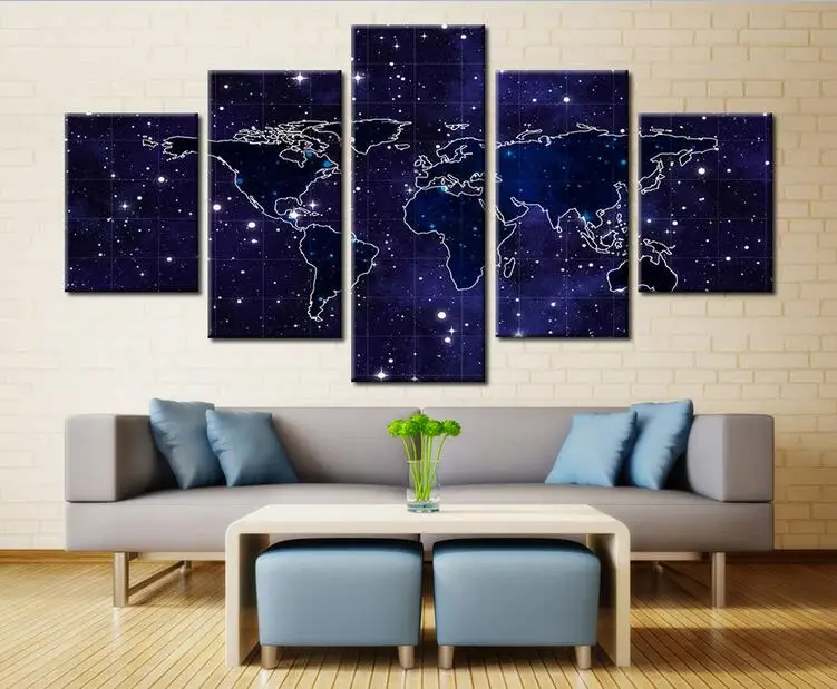 

Modern Indoor Decor Large Framed World Map Starry Night print canvas decoration 5 pieces