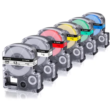 

6pcs Label Tapes ST12KW SS12KW, SC12YW, SC12RW, SC12GW,SC12BW 12mm mixed color compatible for Epson/ KingJIm Printer Ribbon