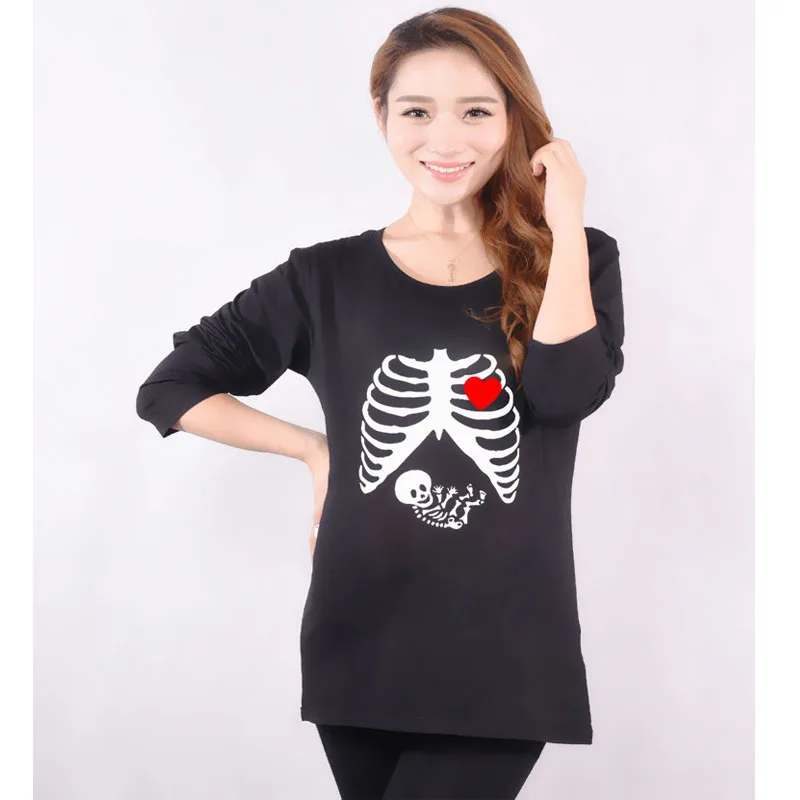 

New 2017 Fashion Skull Printing Funny Maternity Pregnancy T shirt Long Sleeve Soft Cotton Maternity Clothes for Pregnant Women