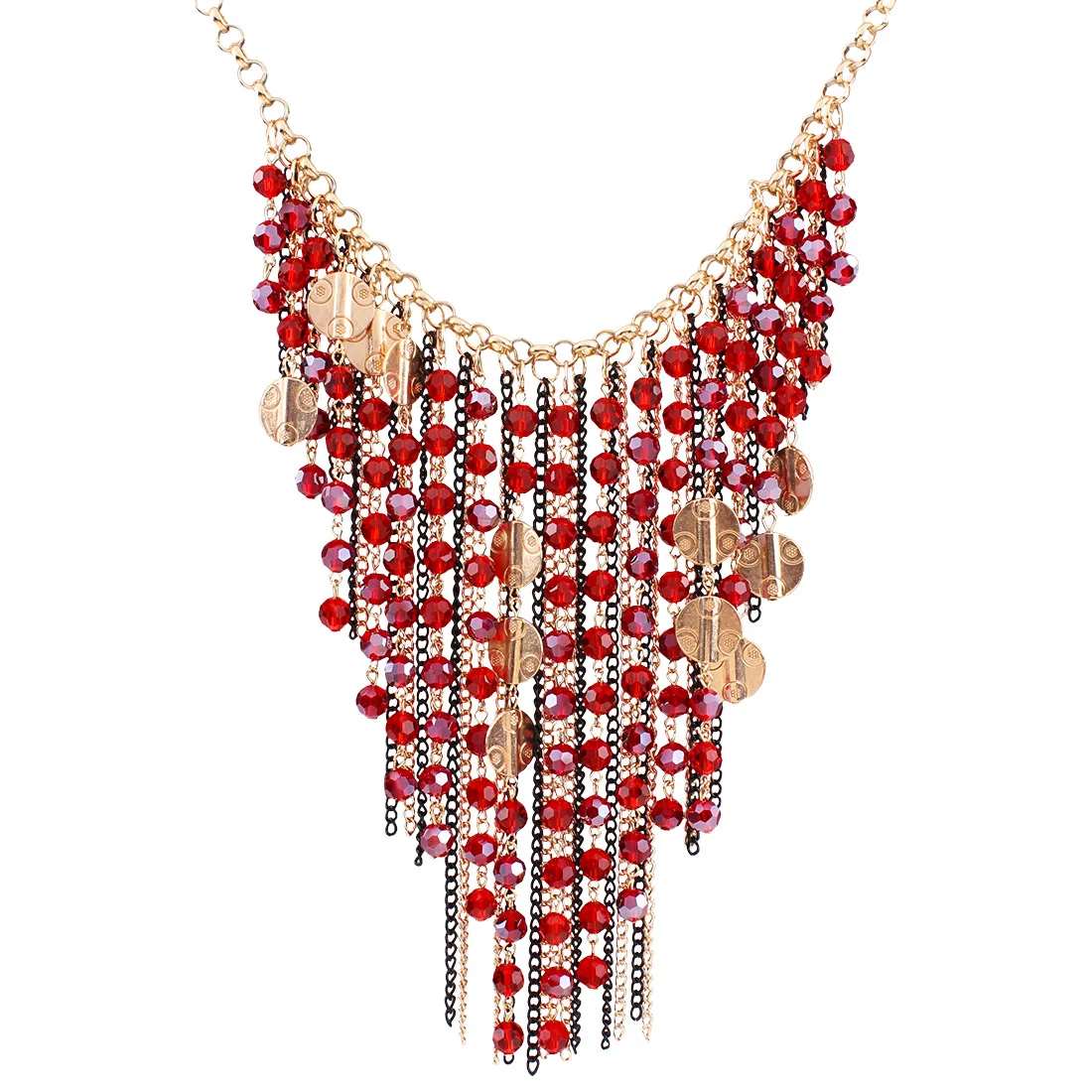 Luxurious fashion sweater chains maxi statement long bead necklace multi crystals tassels round