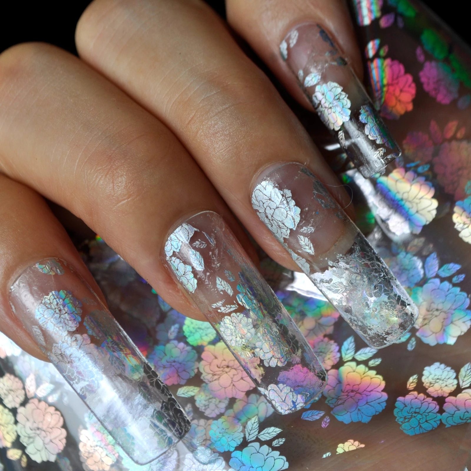 Holographic Laser Grace Peony Colorful Transparent Nail Foils Nail Art