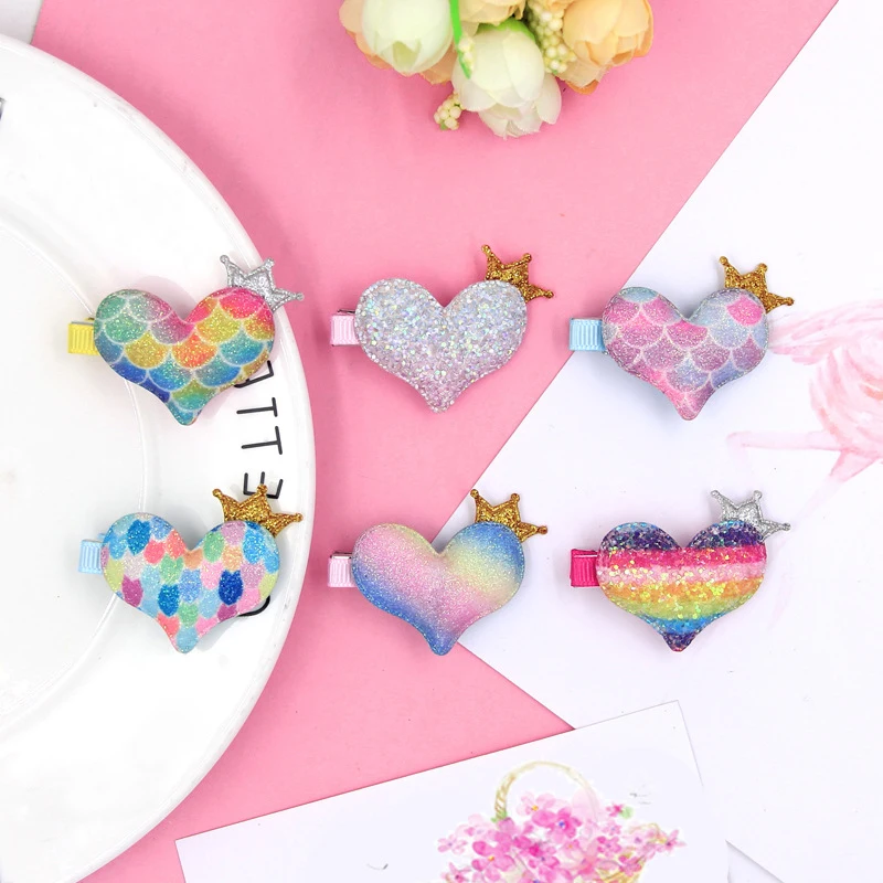 

12Pieces/set Rainbow Colorful Heart Hair Clips Glitter Mermaid Hairpins Crown Princess Hairgrips Barrette Party Hair Accessories