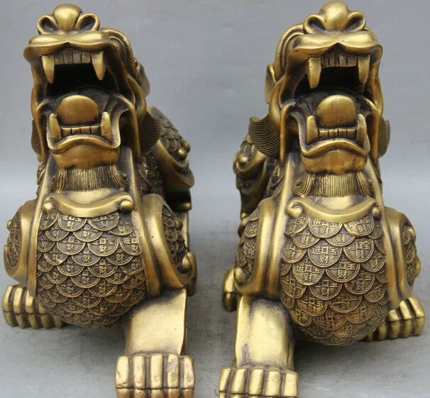 

JP S62 21" Chinese Copper Folk Wealth Money Pi Xiu Unicorn Beast Statue sculpture Pair