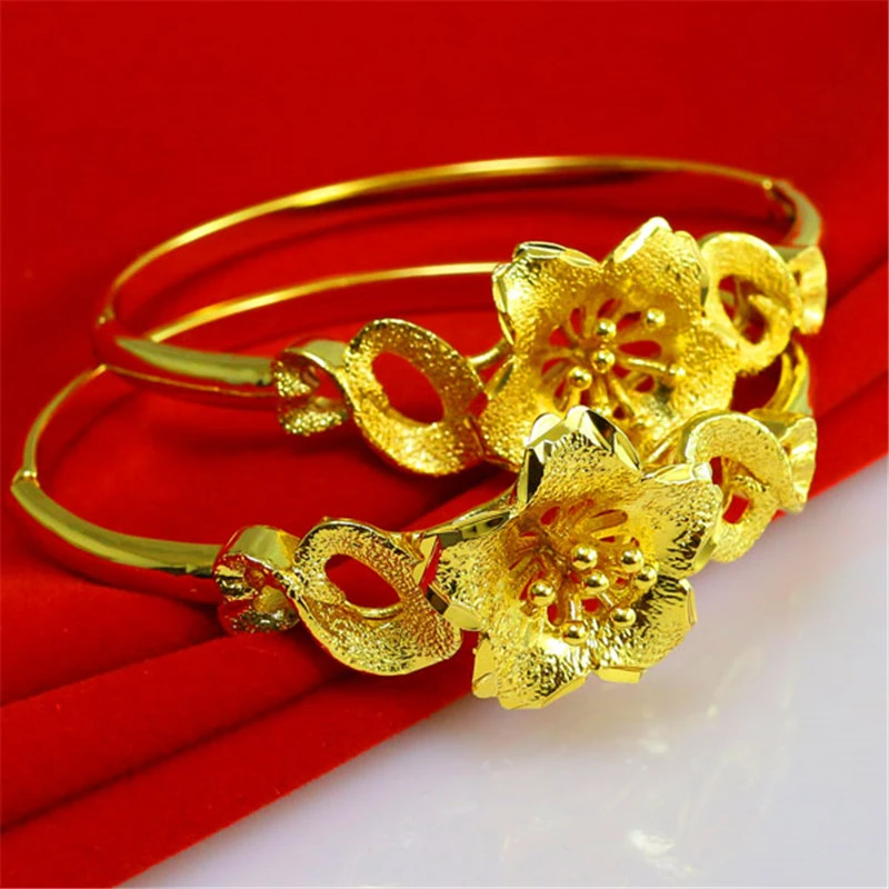 Indah 24 K 1 1 Kualitas Hongkong Toko Emas Buatan Tangan Diukir Bunga Gelang Manset Gelang Perhiasan Pernikahan Cuff Bracelets Flower Banglebangle Cuff Aliexpress