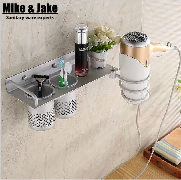 Space aluminum Bathroom shelf hair dryer rack with 2 cups hair dryer