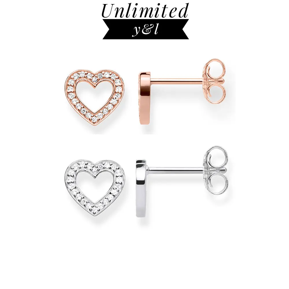Серьги-гвоздики в форме сердца для женщин в стиле Томаса, высокое качество, белый циркон, 925 серебро пробы/розовые Золотые сережки-гвоздики, модные украшения