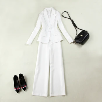 

Women Pants Suits 2 Two Piece Sets Long Slim Jacket & Pants Female High quality/suit jacket + wide leg pants two piece set