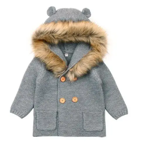 Зимние Свитера для маленьких девочек, кардиганы, Осенние вязаные куртки с капюшоном для новорожденных мальчиков, детская одежда с длинными рукавами и рисунком медведя - Цвет: Серый