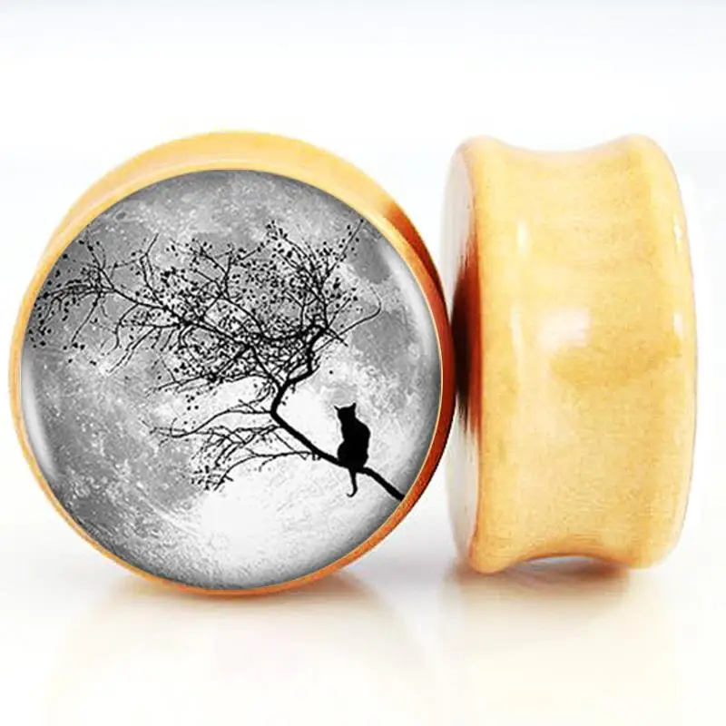 2pcs/lot Full Moon And Cat Logo Wood Ear Plugs And Tunnel Ear Stretchers Expander 6mm 25mm