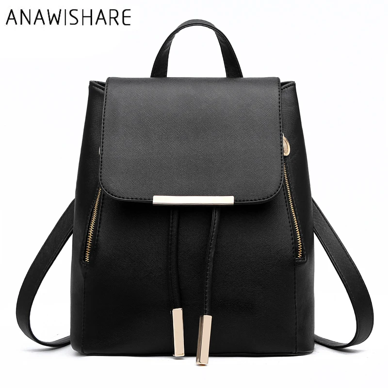 ANAWISHARE Women Backpack PU Leather Black School Bags For Teenagers Girls Female Casual Shoulder Bags Pack Mochilas Feminina