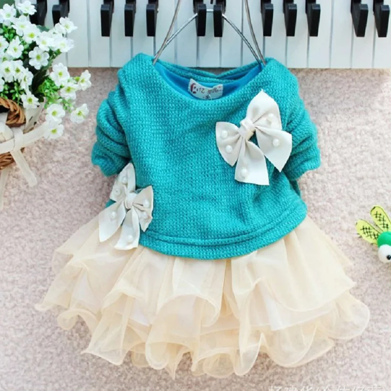 

New Lovely Infant Toddler Baby Girl Dress Knittted Sweater Top Bow Tulle Tutu Dresses Outfit Princess Party Marry Autumn Costume