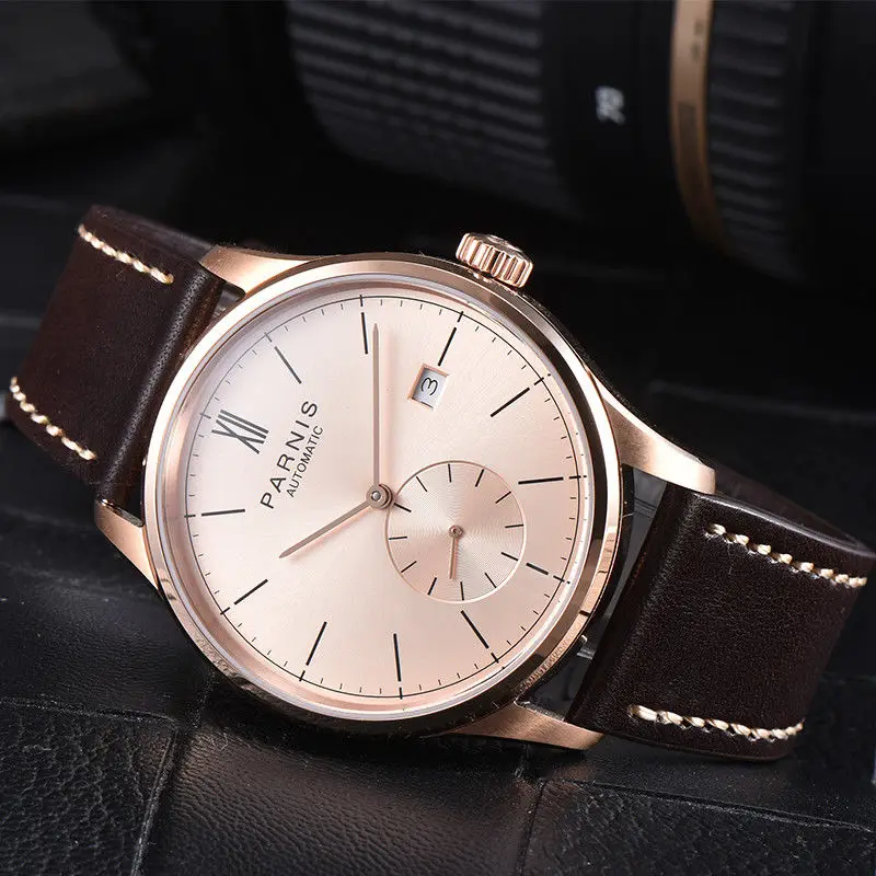

42mm Parnis Rose Golden Dial Leather SS Case Complete Calendar ST Automatic Movement Men's Watches