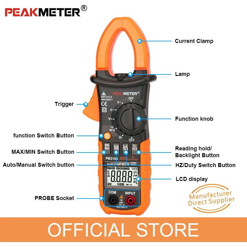 Цифровой мини зажим PEAKMETER PM2108 6600 отсчетов переменный/постоянный ток истинное