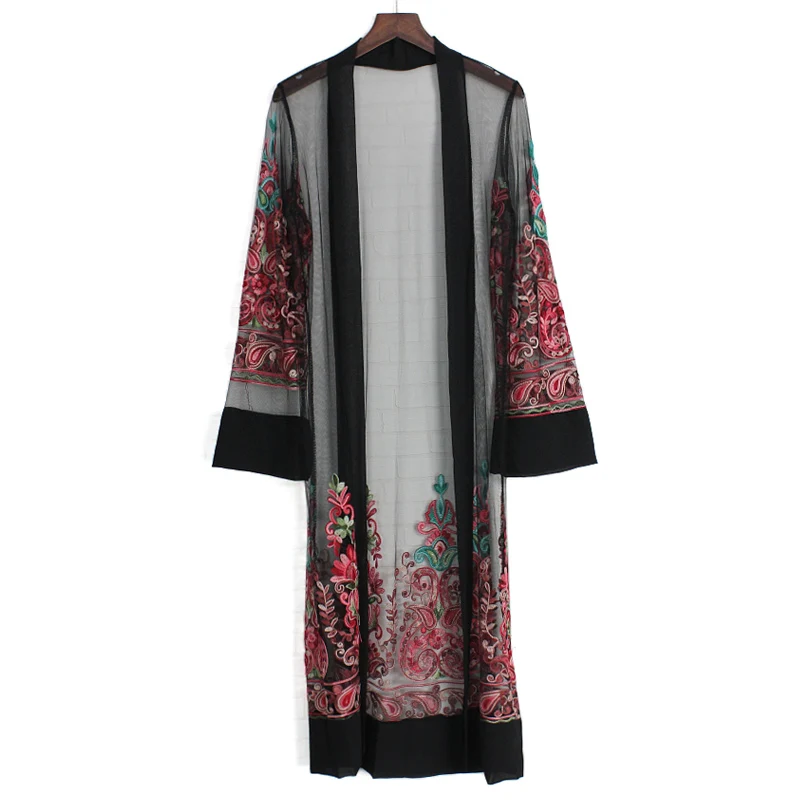 

Summer Casual Transparent Fringed Paisley Embroidered Kimono Mesh For Women Long Sleeve Extended Vacation Blouse 2019 Clothing