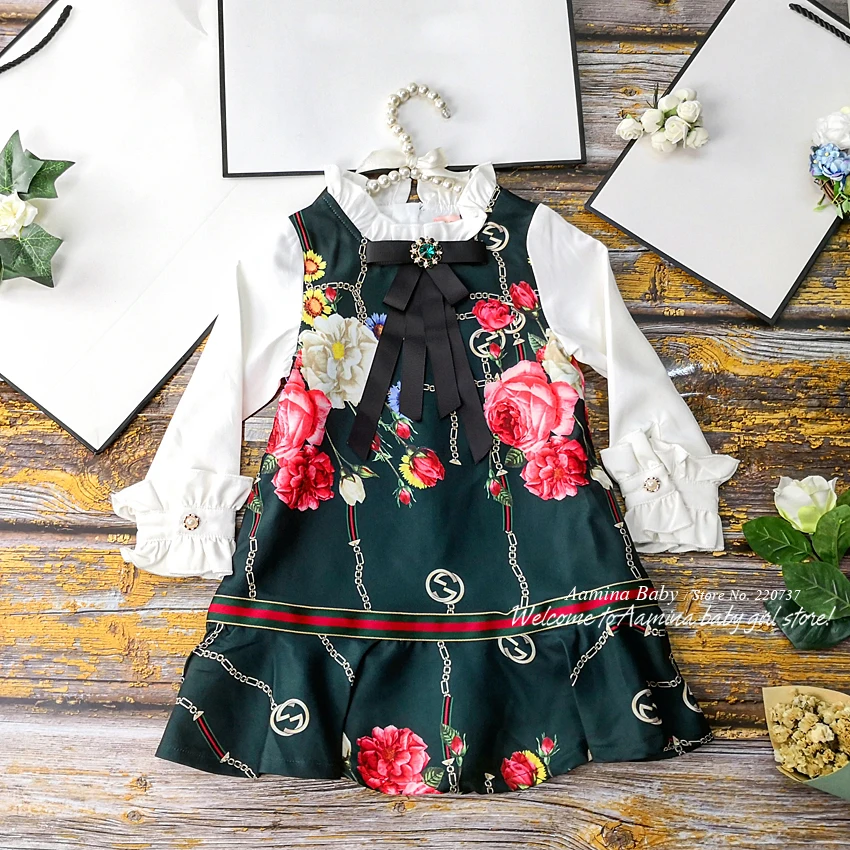 

594 Fashion Print With Brooch Brand Princess Baby Girl Dresses Spring Fall Party Kid Dress For Girl Wholesale Baby Girl Clothes