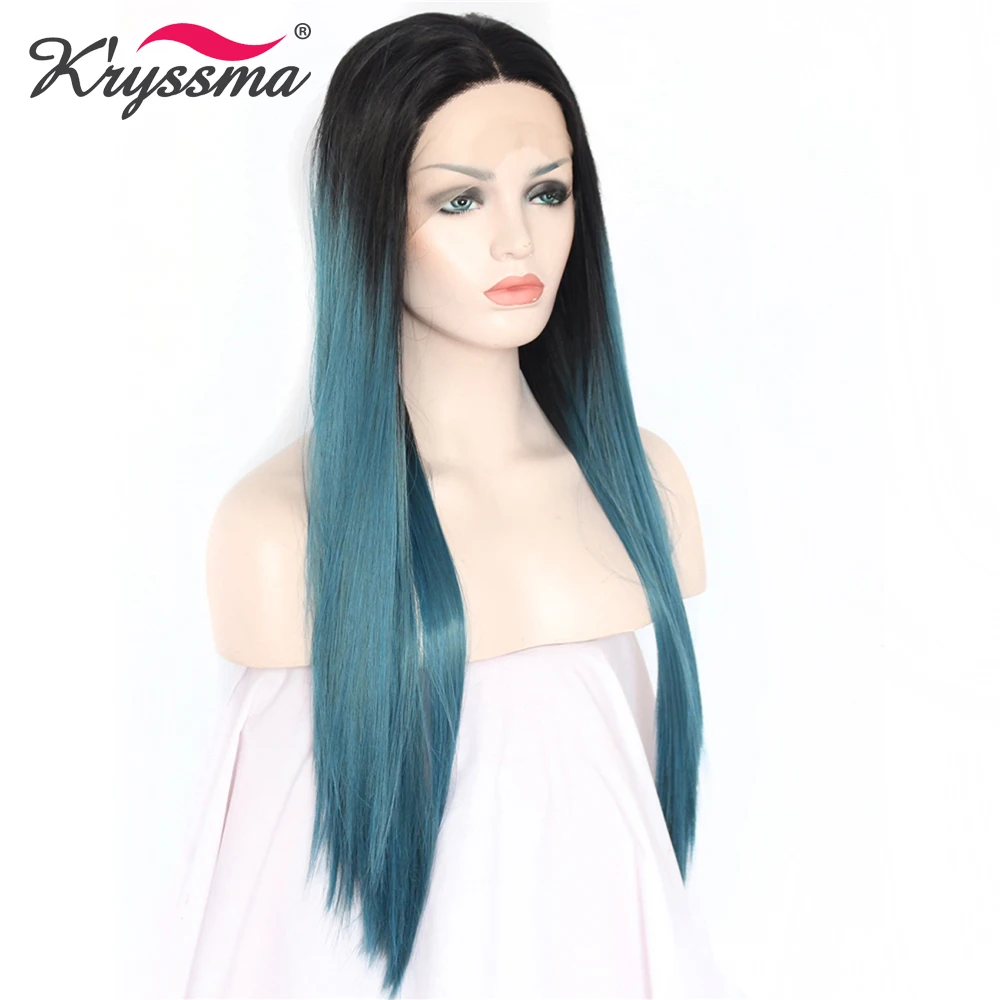 Синий океан парик Ombre долго синтетические Синтетические волосы на кружеве парик прямые парики для Для женщин 24 ''с темные корни средняя