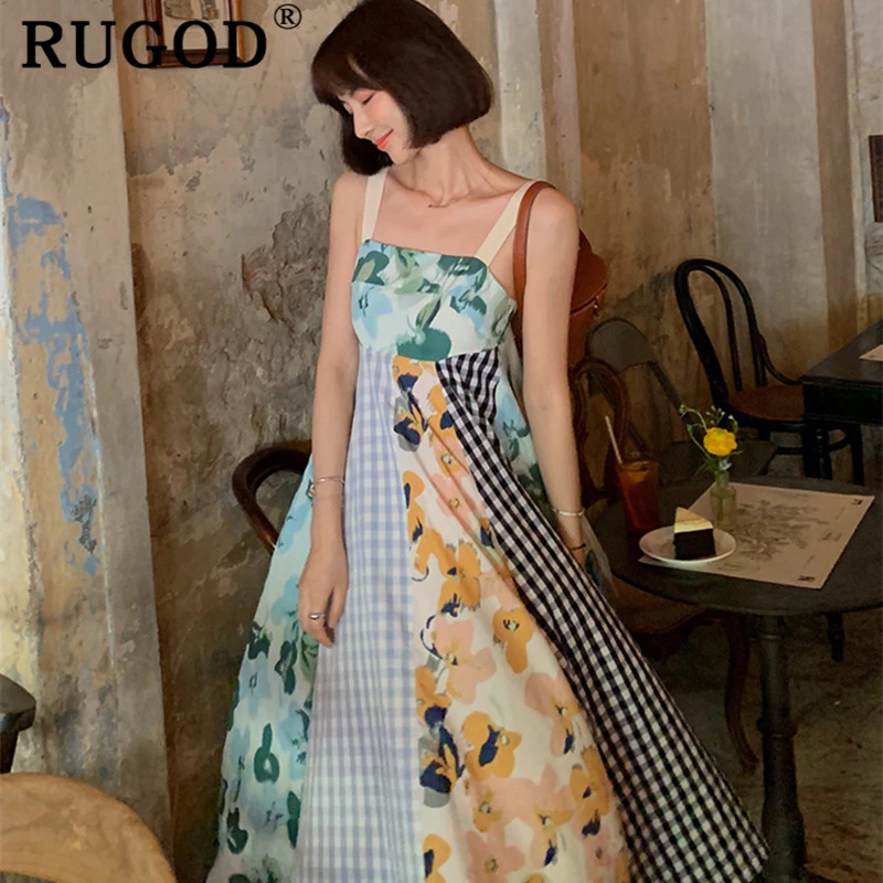 

RUGOD Fashion Patchwork beach long dress women Korean chic spaghetti strap backless party dresses vestidos 2019 vintage dresses
