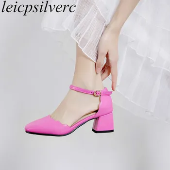 

Women's Sandals Shoes High Heel Pu Square Toe Buckle Ankle Strap Ruffles 2019 Summer New Sweet Sexy Fashion Casual Sky Blue