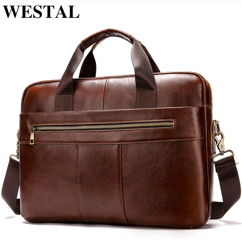 WESTAL men's briefcase bag men's genuine leather laptop bag business tote for document office portable laptop shoulder bag 8523