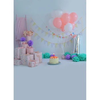赤ちゃんの女の子の誕生日パーティーの背景をプリント白ピンク風船紙花ギフトボックスケーキ子供パーティーフォトブースの背景