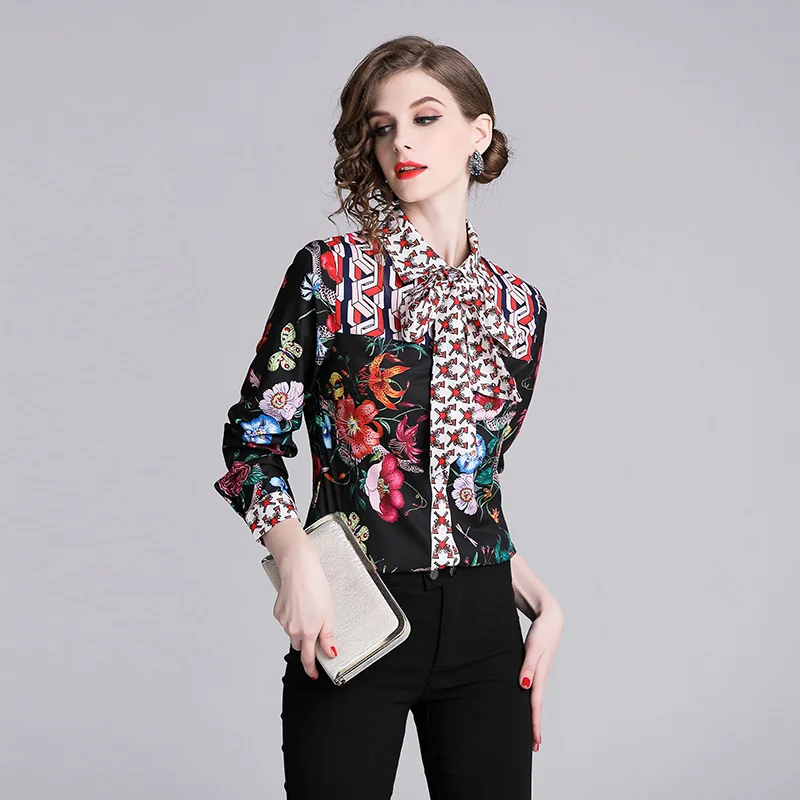 

Spring Autumn Women Mix shirt Tops Long Sleeve Casual Blouse Female Bow Neck Work Wear Solid Color White Office social Shirts