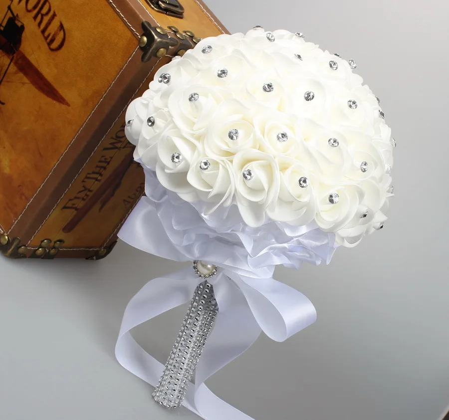 Beautiful White Ivory Bridal Bridesmaid Flower Wedding Bouquet Artificial Flower Rose Bouquet Crystal Bridal Bouquets