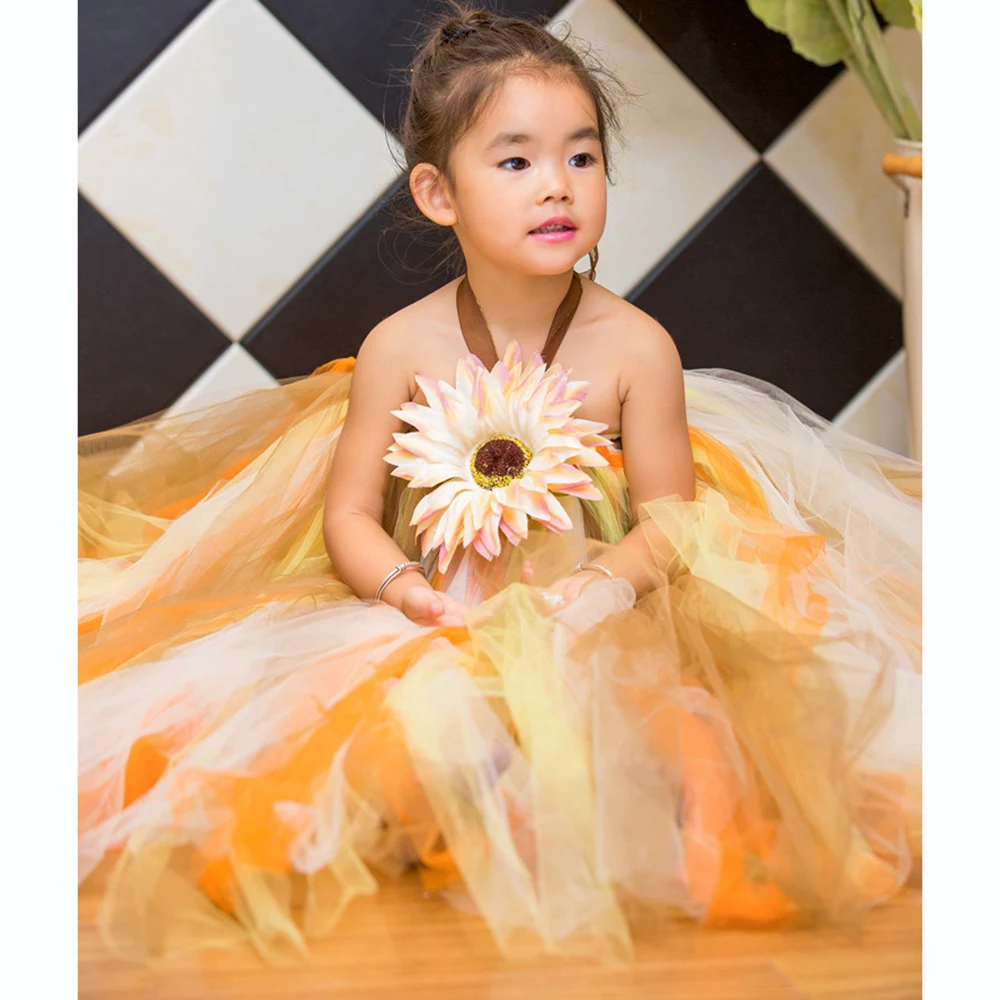 Halloween Scarecrow Costume for Girls Sunflower Dress Ankle Length Pumpkin Thanksgiving Carnival Tutu Dress Ball Gowns Children (9)