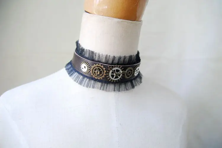 

Steampunk Industrial Revolution Leather Gear wheel choker Gothic Lace Neckalce Jewelry