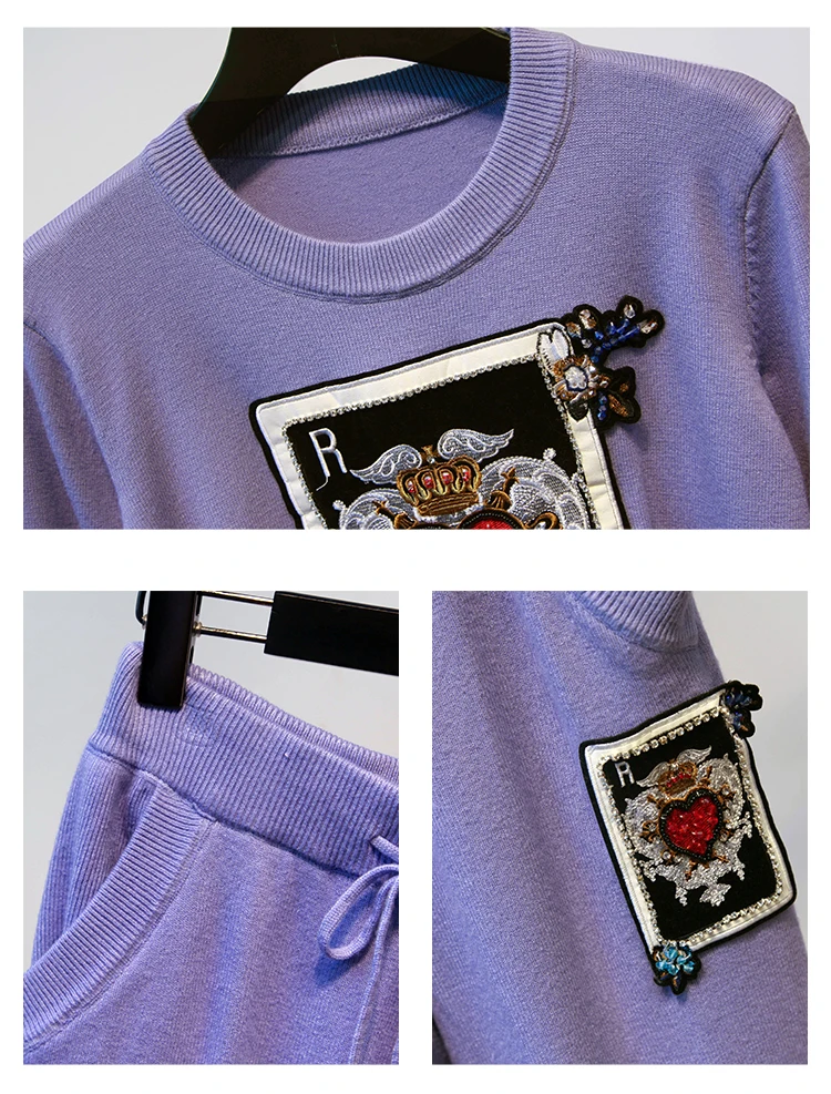 Amolapha Женский вязаный свитер с вышивкой, Топы+ штаны, комплект из двух предметов, вязаные брюки, костюмы