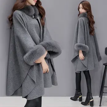 

Women Autumn Winter Fashion Street Wear Comfort Fur Collar Cashmere Wool Warm Cape Coat Outwear Cloak for Ladies Best Quality