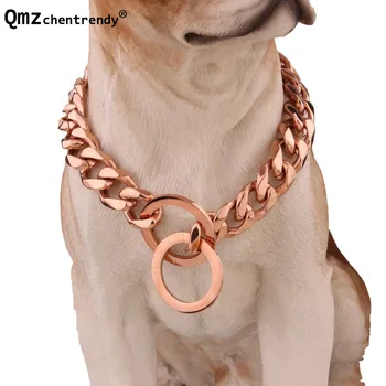 

Top quality 19mm 12~34 inch Rose Tone Double Curb Cuban Pet Stainless Steel Dog Chain Collar Wholesale Pet Neck Necklaces