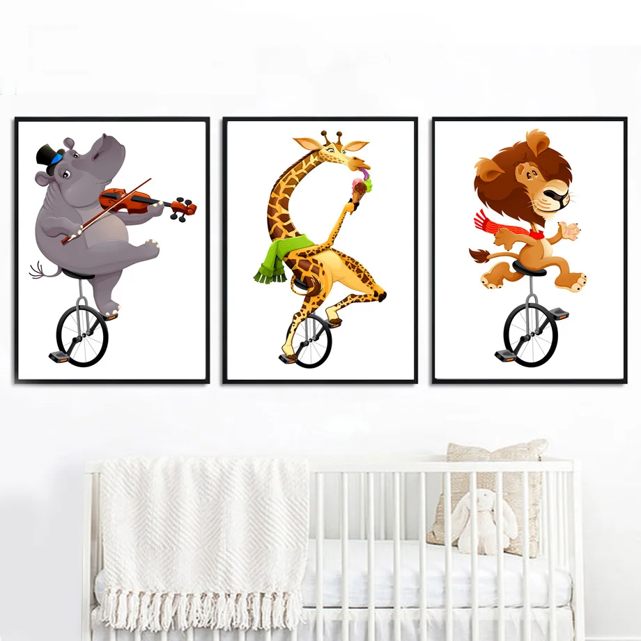 

Circus Hippo Giraffe Lion bicycle Wall Art Canvas Painting Nordic Posters And Prints Nursery Decoration Pictures Kids Room Decor