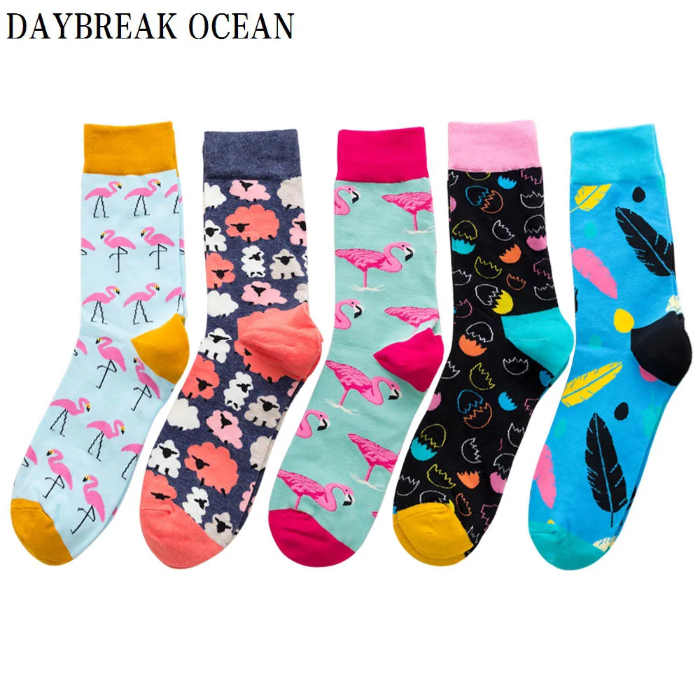 Unisex 5 Pairs Colorful Flamingo Combed Cotton Socks Fashion Autumn Happy Men's Long Socks Dress Party Wedding Funny Crew Socks - Цвет: Mix Color