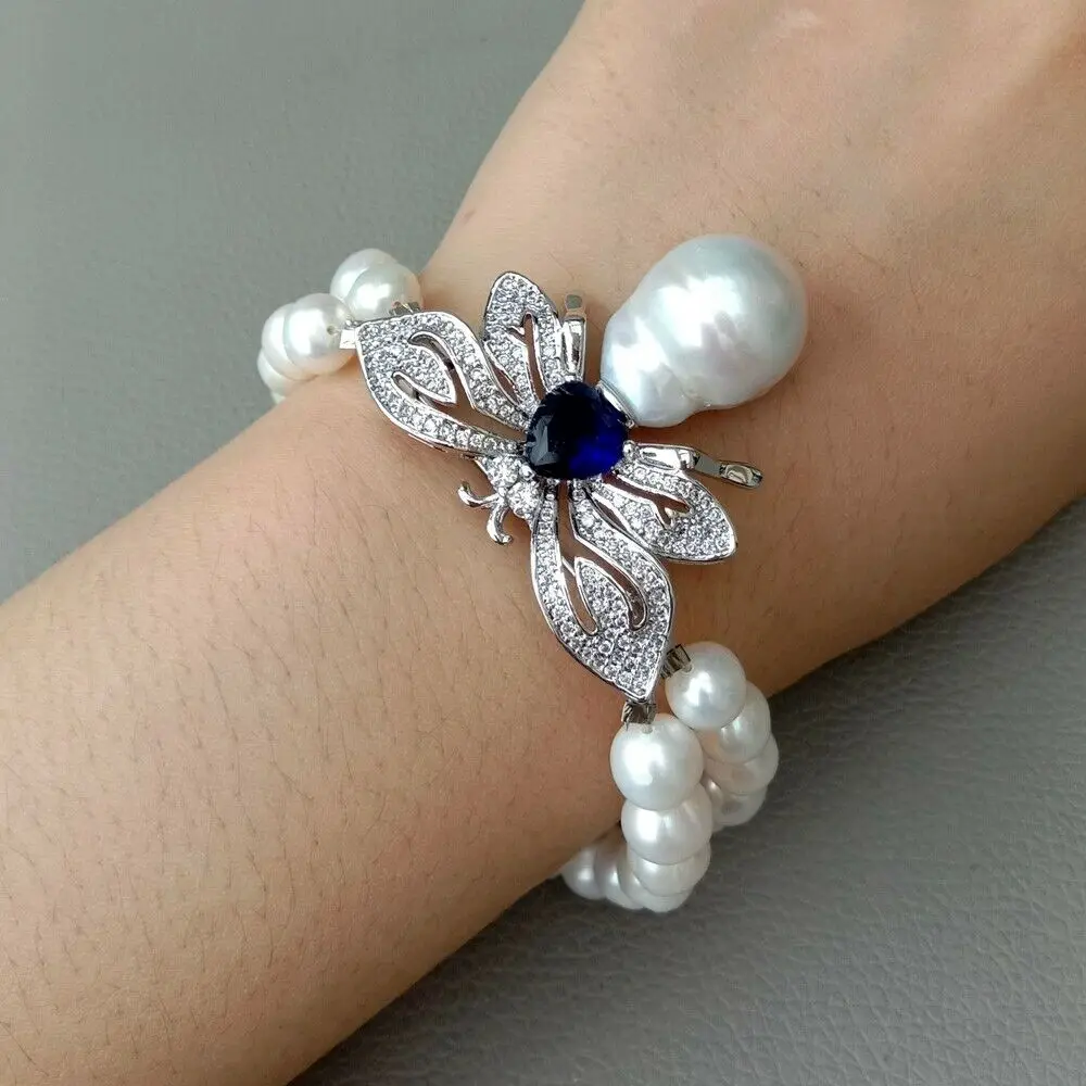 

White Cultured Pearl and White Keshi Pearl Cz Bracelet 8