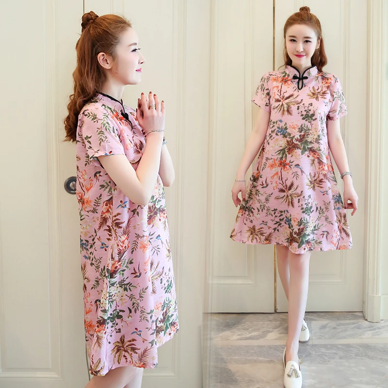 Короткий рукав беременных женщин летний китайский стиль Cheongsam с цветочным принтом, шифоновые платье с модным принтом материнства платье