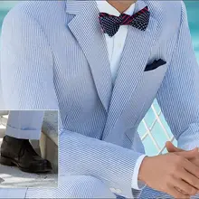 Новое поступление, летний Повседневный Мужской приталенный Блейзер, костюм с отворотом, светло-голубой полосатый костюм с присоской, синий летний костюм, приталенный костюм