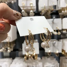 MENGJIQIAO корейский двойной металлический круг имитация жемчуга Серьги-кольца для женщин Мода квадратный кристалл Oorbellen вечерние ювелирные изделия