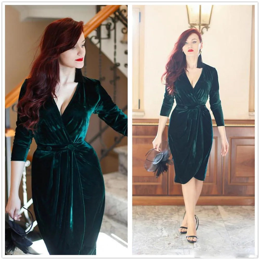 2019 Sexy Dark Green V Neck Velvet Evening Dresses Long Sleeves