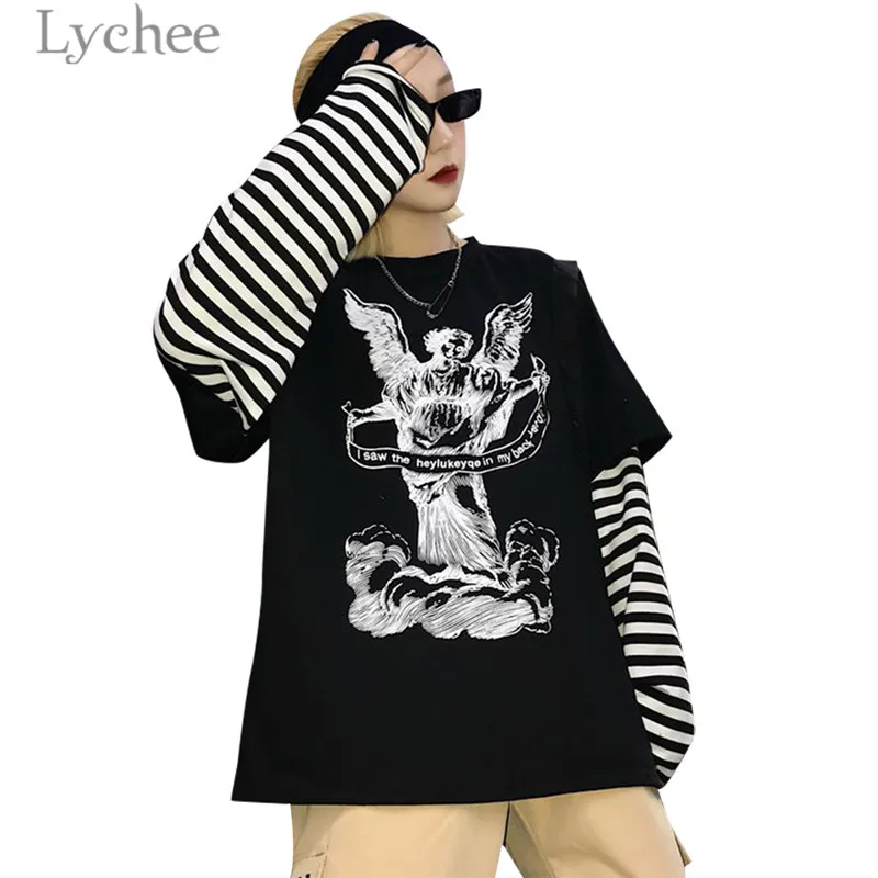 

Lychee Autumn Harajuku Angel Letter Stripe Patchwork Women T-shirt O-Neck Long Sleeve Casual Loose Female T Shirt Tee Top