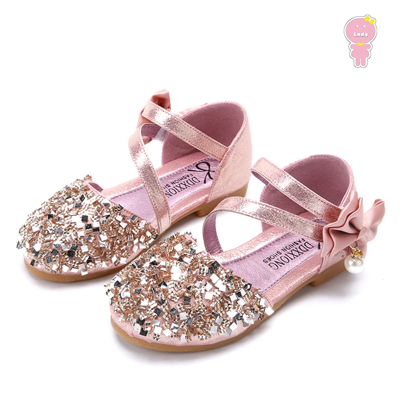 

Spring Summer round toe faux diamond pearl bowknot baby girls glitter dough kid fashion flat Children pu Sneaker elsa shoes