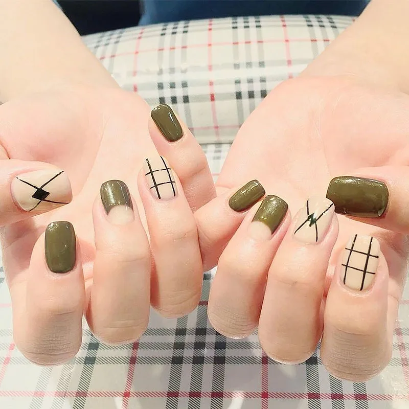 DIY короткий размер решетки дизайн ногтей советы с клеем дамы сексуальный зеленый цвет накладные ногти девушки милые летние модные накладные ногти