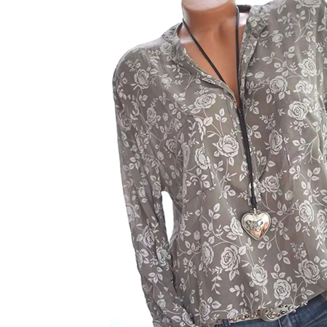 

Elegant 5XL Plus Large Size Women's Blouses Summer Tops New Leisure Blouse Grey Loose Flower Print V Neck Long Sleeve Shirts