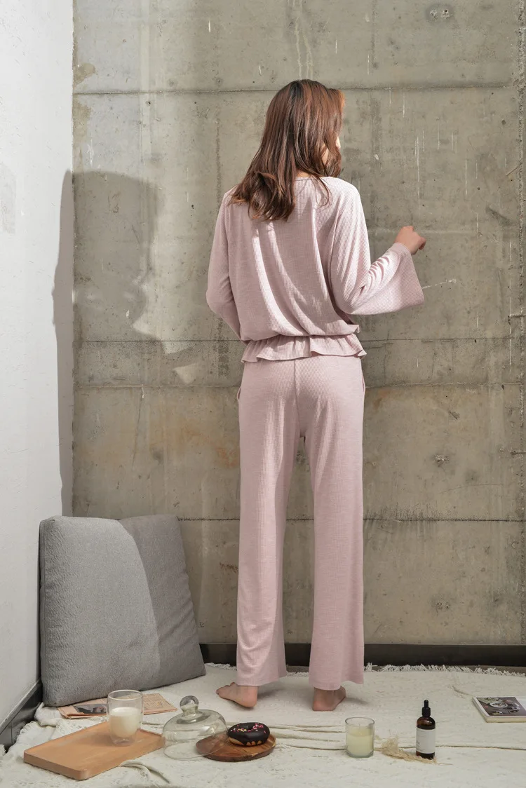 Женская одежда осень с длинным рукавом Брюки Модальная пижама из тонкой ткани одноцветная Пижама с v-образным вырезом Пижама домашняя одежда Пижама пижамный комплект
