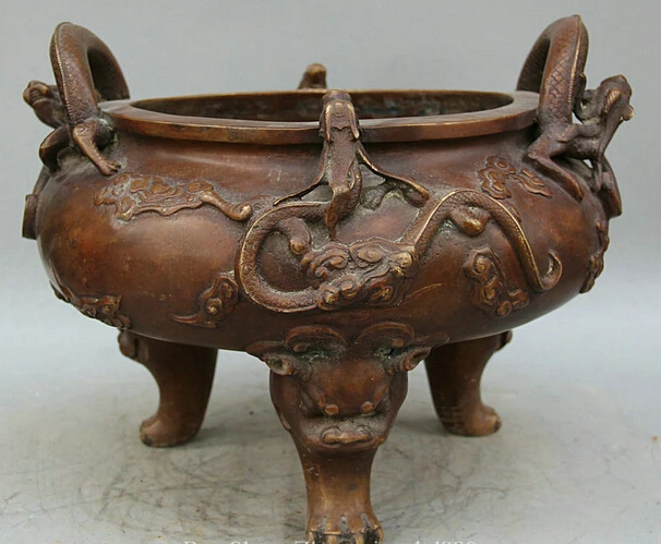 

524 15" Marked Chinese Bronze Dragon Beast handle Lion Head Incense Burner Censer Discount 35%