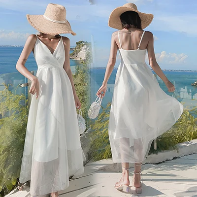 Платье миди Новое Женское летнее модное винтажное сексуальное Сетчатое платье с v-образным вырезом Большие размеры однотонные вечерние пляжные платья для отдыха - Цвет: White