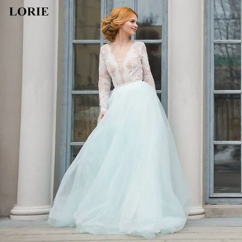 

LORIE Wedding Dress 2019 A Line V-neck Backless Chiffon With Lace Appliques Two Piece Wedding Dress Long Sleeve Tulle Dress