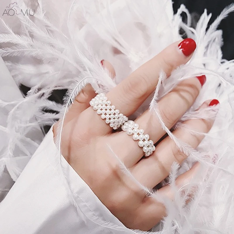 

AOMU Sweet Multi-layer Pearl Elastic Adjustable Rings for Women Wedding Party Jewelry Gift