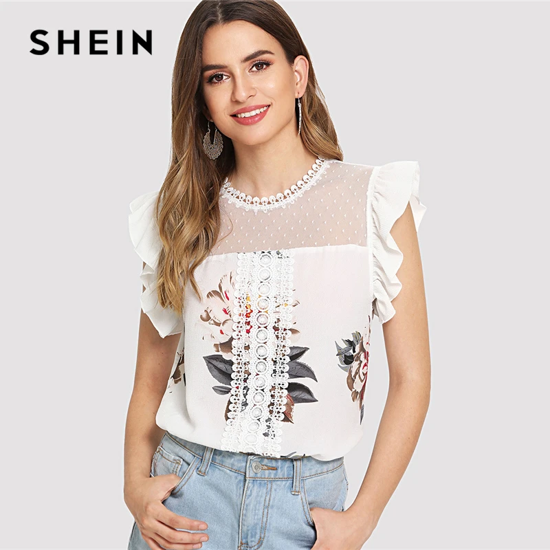 SHEIN Dot Mesh Yoke Lace Applique Ruffle Top Beige Floral Print Round Neck Cap Sleeve Blouse Women Summer Casual Blouses SHEIN Dot Mesh Yoke Lace Applique Ruffle Top Beige Floral Print Round Neck Cap Sleeve Blouse Women Summer Casual Blouses